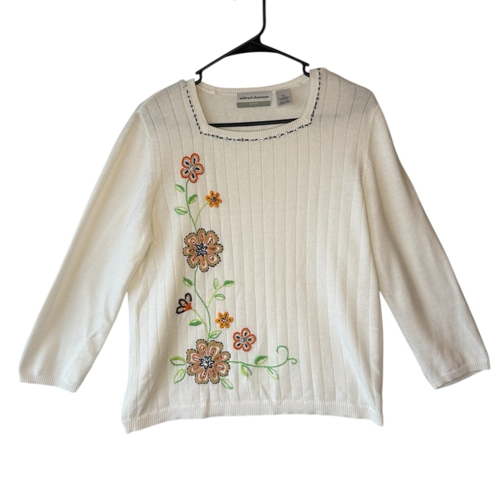 Alfred Dunner Vintage White Knit Sweater with Subtle Accents and Embroidered